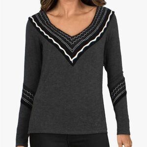 NWT Bailey 44 Skylar Top Long Sleeve Accent Embroidery XS Gray Black
